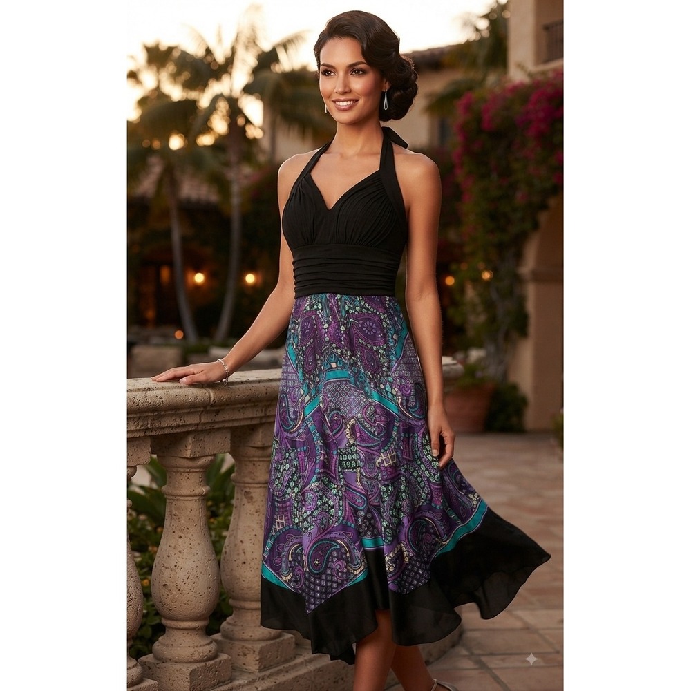 Signature bySangria Halter Cocktail Dress Purple Paisley Ruched Midi AMDQC30J 10